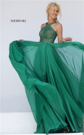 2016 Sherri Hill 11319 Emerald Beaded Haltered Straps Slit Long Prom Dress