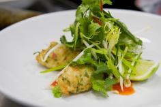 Hake and Kaffir Lime Fish Cakes with Nam Jim Dipping Sauce and Asian Herb Salad