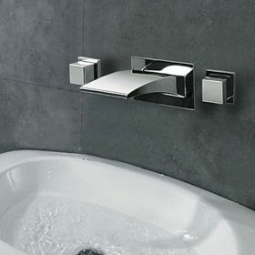 Contemporary Widespread Waterfall Wall Mount 3 Colors LED Bathroom Faucet--FaucetSuperDeal.com