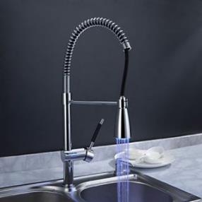 Solid Brass Spring Kitchen Faucet with Color Changing LED Light--FaucetSuperDeal.com