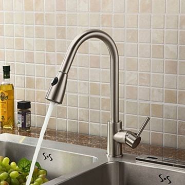 Solid Brass Pull Down Kitchen Faucet - Nickel Brushed Finish--Faucetsmall.com