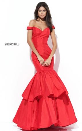 Open Back Sherri Hill 50718 Off The Shoulder Red 2017 Sweetheart Neckline Satin Long Layered Prom Dresses