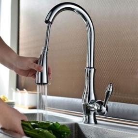 Traditional Nickel Brushed Finish One Hole Single Handle Deck Mounted Rotatable Pullout Spray Kitchen Faucet--Faucetsmall.com