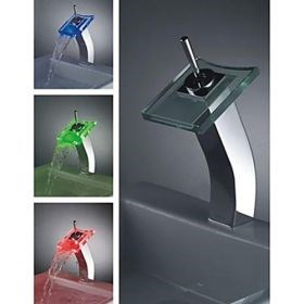 Color Changing LED Waterfall Centerset Single Handle Bathroom Sink Faucet (Tall)--Faucetsuperseal.com