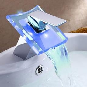 Color Changing LED Chrome Finish Waterfall Bathroom Sink Faucet
