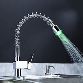 Brass Pull Down Kitchen Faucet with Color Changing LED Light - Spring--FaucetSuperDeal.com