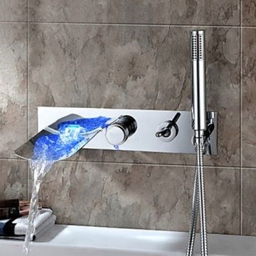 Chrome Finish Color Changing Wall Mount Tub Faucet With Hand Shower--Faucetsmall.com