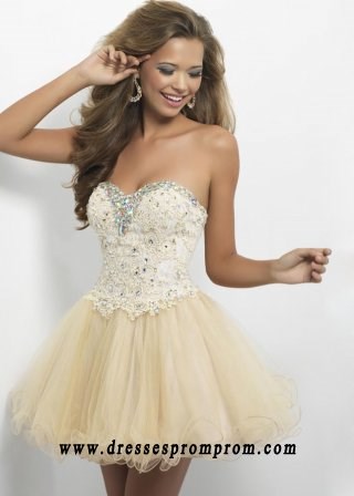 Corset Back Champagne Jewel Beaded Mini Tulle Party Dress