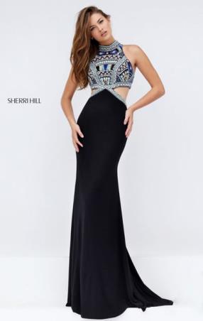 Beaded Patterned Sherri Hill 50155 High Scoop Neckline 2016 Black Multi Cutout Long Evening Dresses