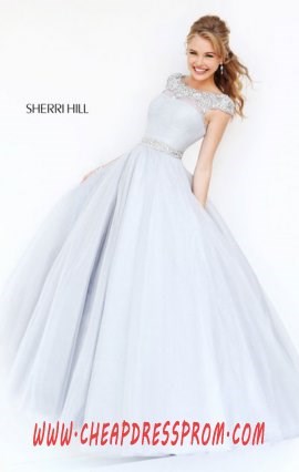 Silver Beaded Sherri Hill 21360 Cap-Sleeves 2015 Boat-Neck Long Bodice Evening Gown