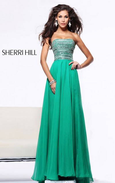 Emerald Cheap Sherri Hill 1539 A-Line Strapless Beaded Long Chiffon Prom Dresses