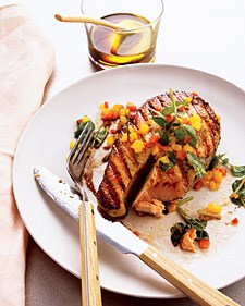 Grilled Salmon with Spicy Honey-Basil Sauce.
