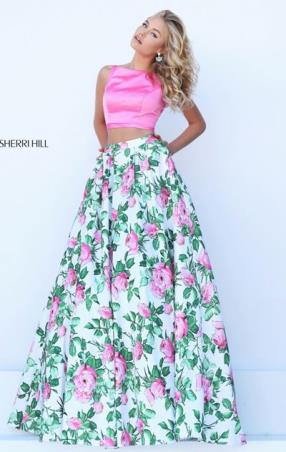 Floral Printed High Neckline 2017 Sleeveless Two Piece Pink Ivory Long Prom Dresses