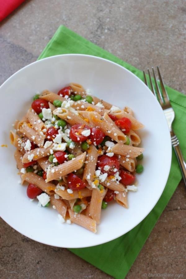 Summer Pasta Salad with Tomato, Feta and Orange Dressing Recipe - ChefDeHome.com