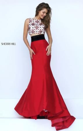 2016 Beaded Patterned Ivory Red Bateau Neckline Two Piece Long Satin Prom Dresses