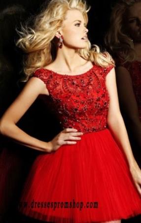 Red A-Line Pleated Beaded Sherri Hill 2814 2015 Short Tulle V-Back Prom Dresses