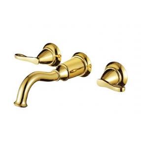 Wall Mount Golden Polished Double Handle Brass Bathroom Sink Faucet--Faucetsmall.com