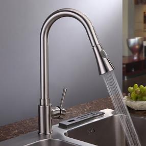 Contemporary Pullout Spray Brass Nickel Brushed Kitchen Faucet  At FaucetsDeal.com