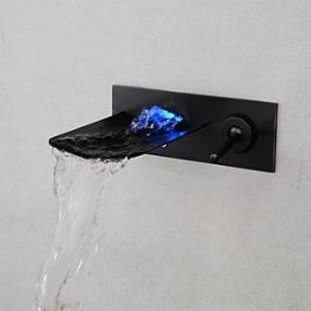 Brushed LED Light Waterfall Wall Mounted Bathroom Basin Faucet At FaucetsDeal.com